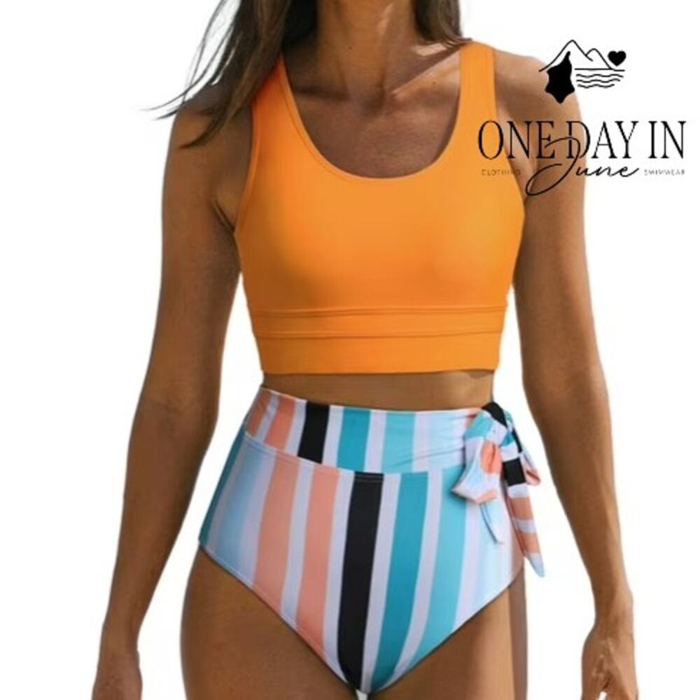 Dokotoo Orange Crop Top High Waist Striped Tie Side Bikini Swimsuit NWT Size S